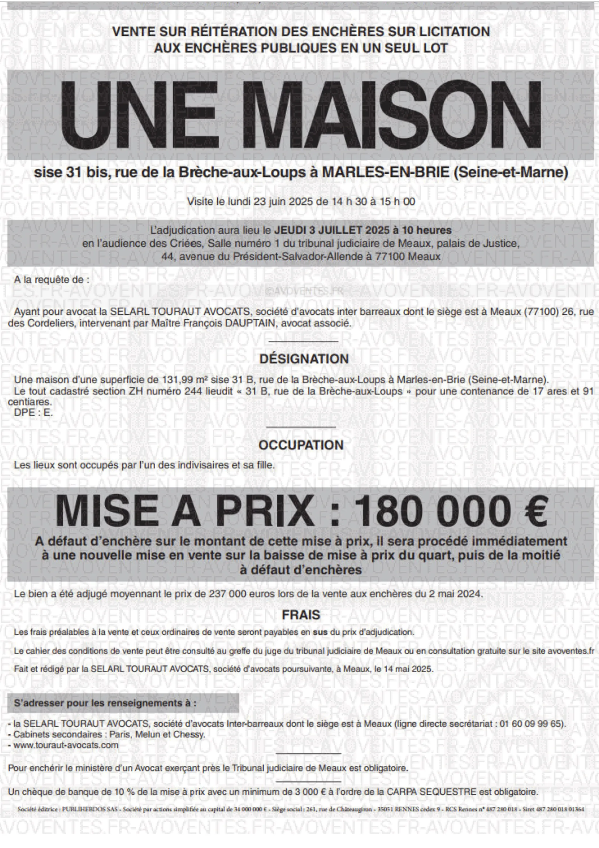 affiche vente aux enchères immobilier