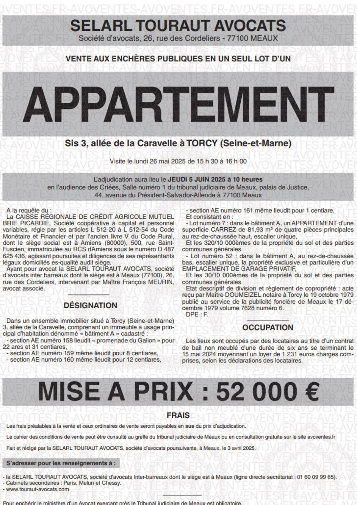 affiche vente aux enchères immobilier