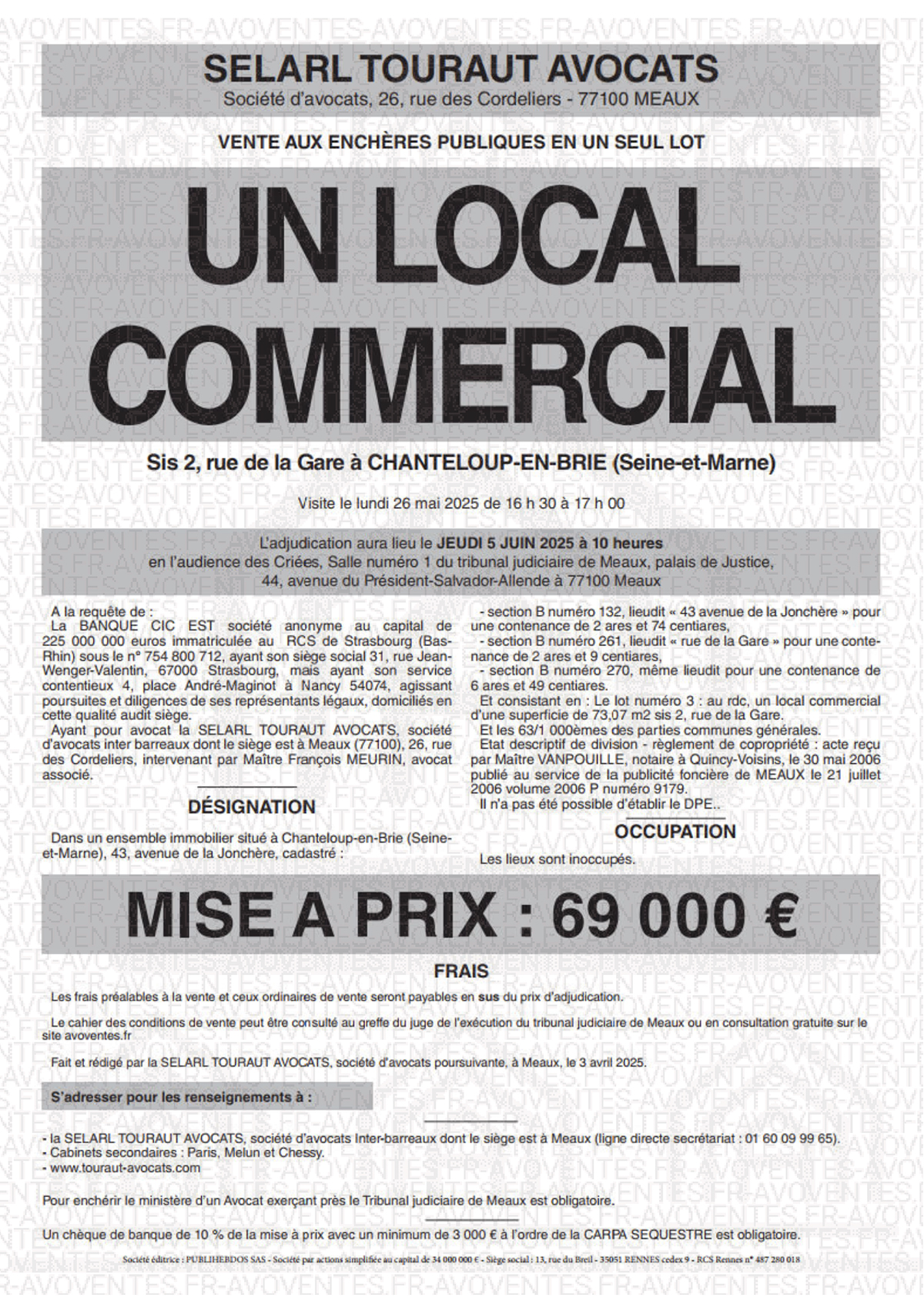 affiche vente aux enchères immobilier