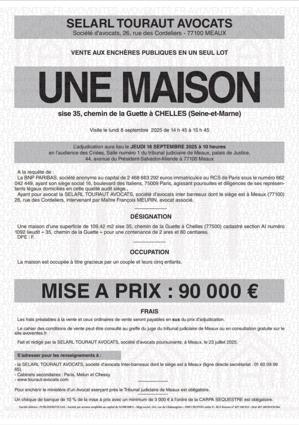 affiche vente aux enchères immobilier