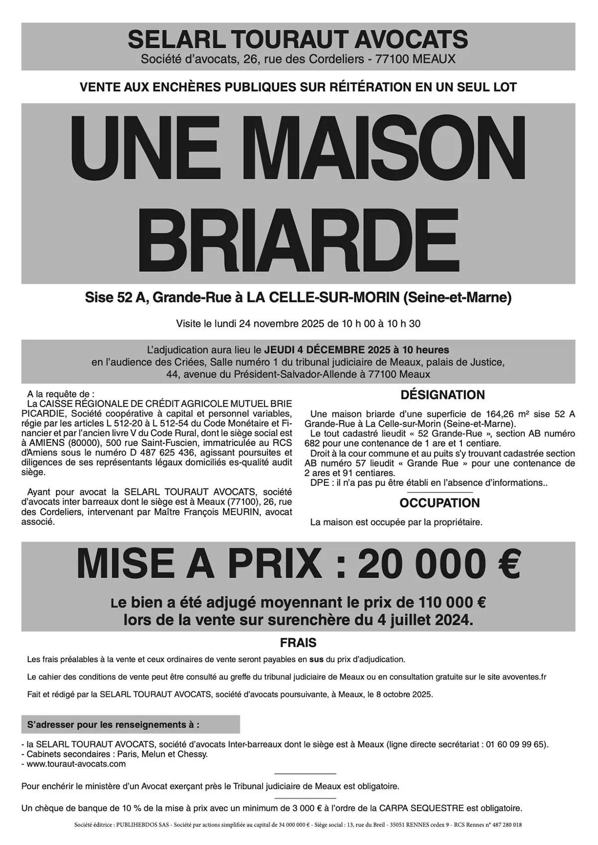 affiche vente aux enchères immobilier