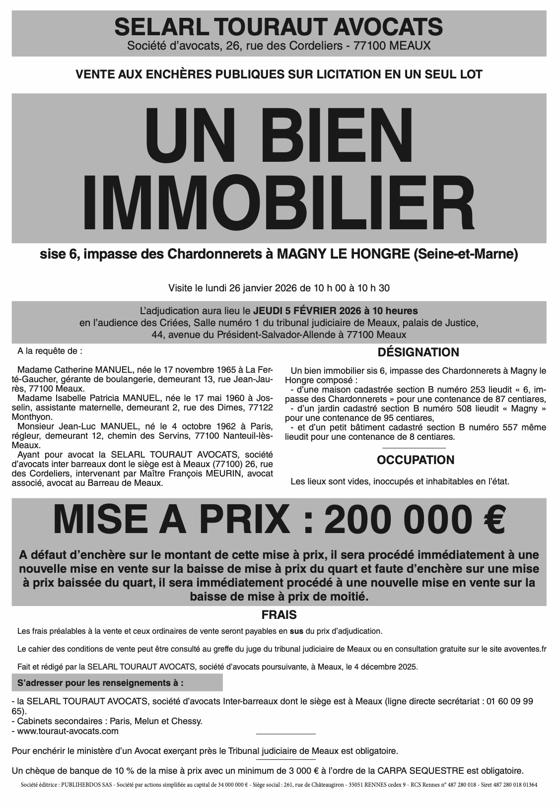 affiche vente aux enchères immobilier