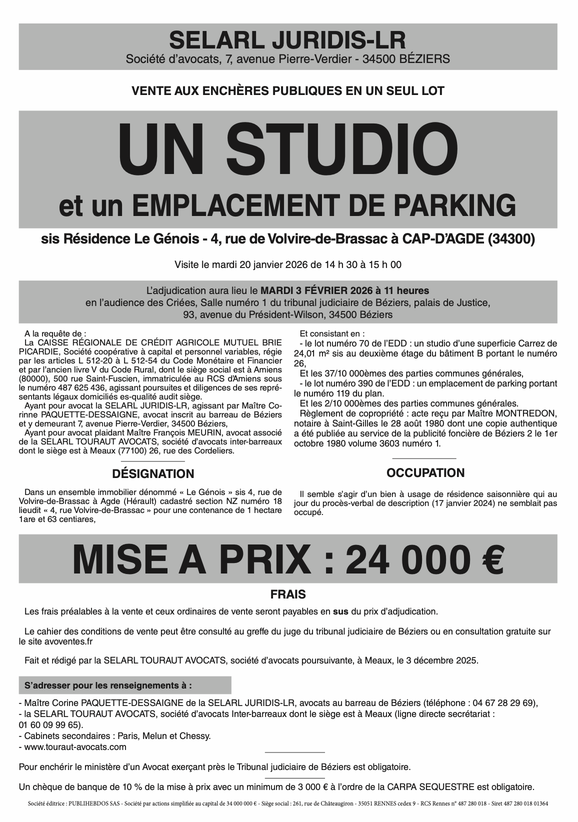 affiche vente aux enchères immobilier