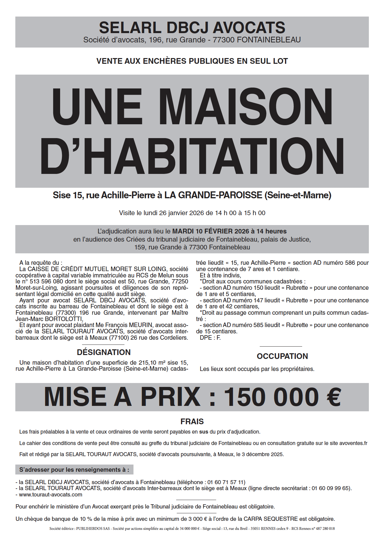 affiche vente aux enchères immobilier