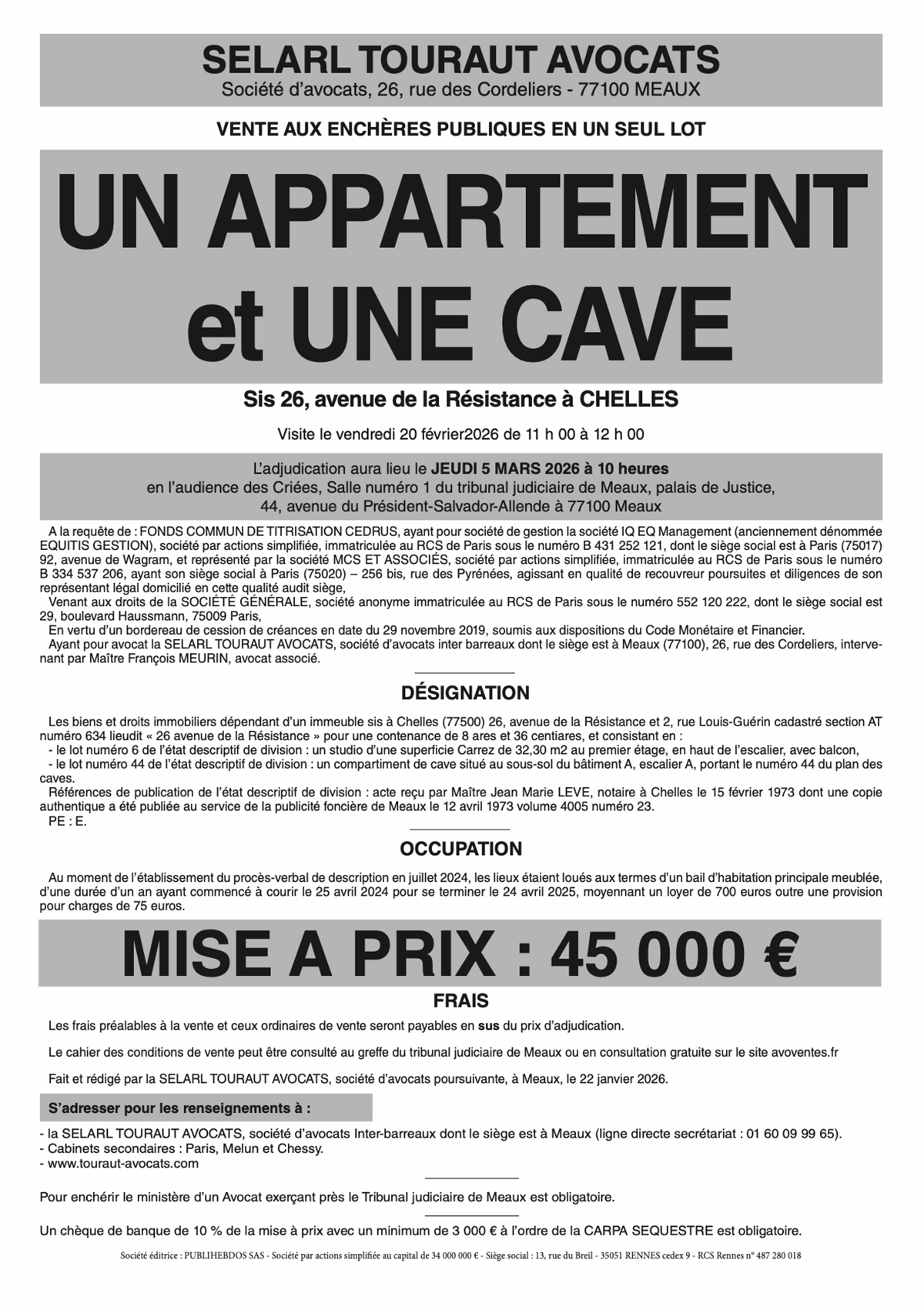 affiche vente aux enchères immobilier