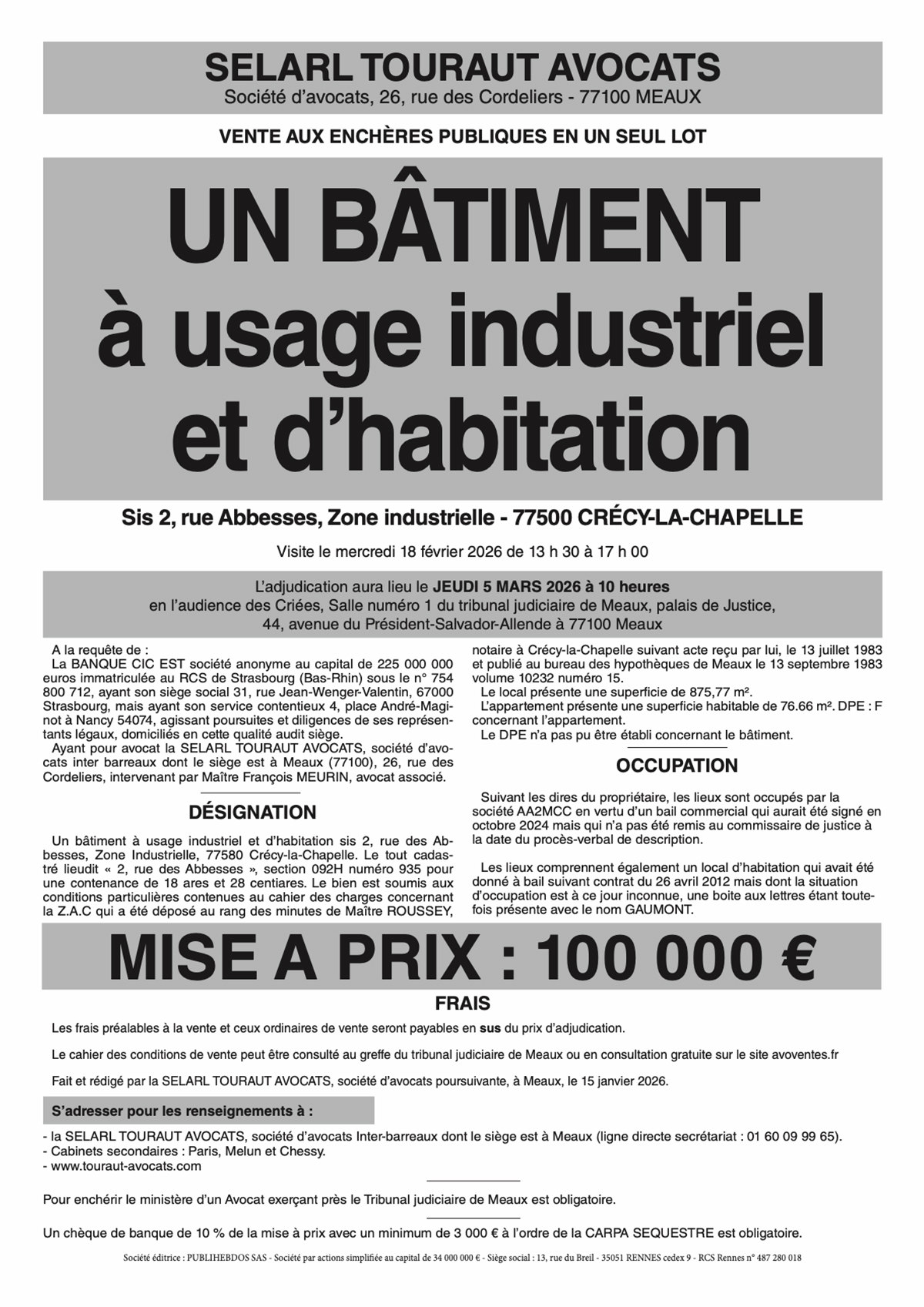 affiche vente aux enchères immobilier