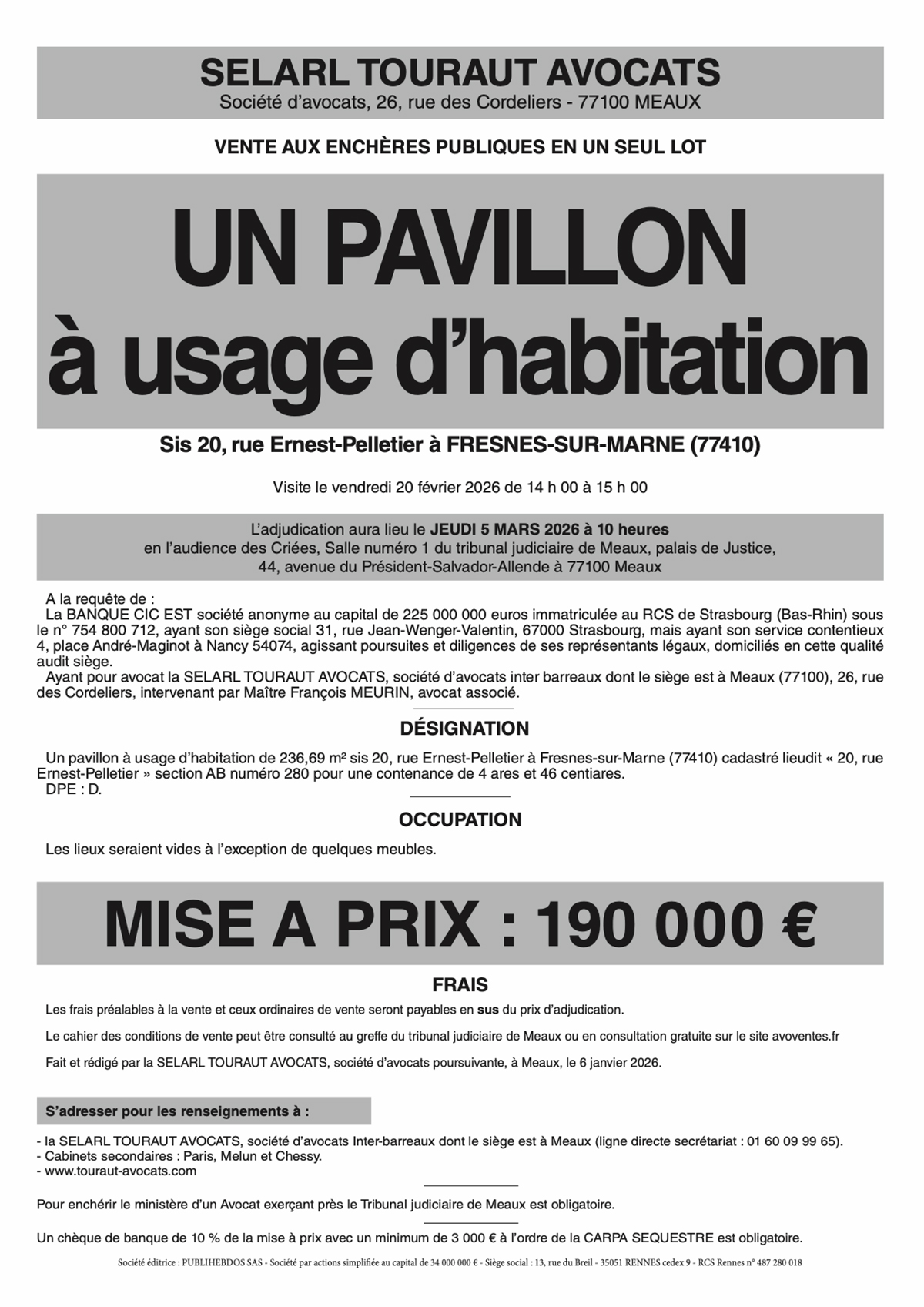 affiche vente aux enchères immobilier