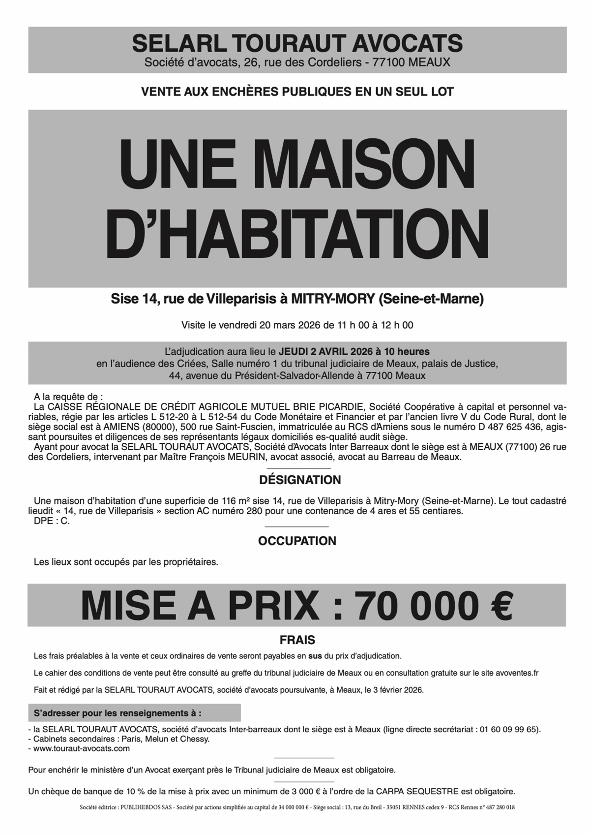 affiche vente aux enchères immobilier
